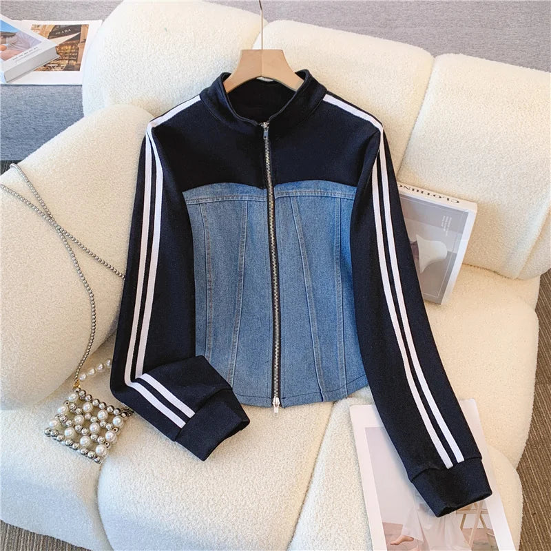 New Fashion Female Trousers Set Spring Autumn Fake Two Pieces Denim Coat Wide Leg Pants Two-Piece Women's Casual Sports Sets 2XL