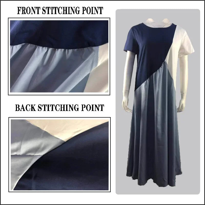 Women Bohemian Geometric Stitching Patchwork Contrast Short-sleeve Boho Dress Casual Long Maxi Beach Dresses Large Size