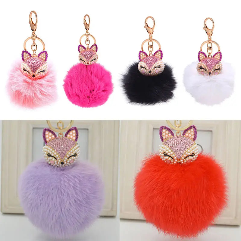 1PC Crystal Faux Fox Fur Keychain Fox Fur Head Pompoms Plush Ball Keychain Rhinestone Key Ring Trinket Women Bag Pendant Decor