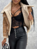 Women PU Faux Fur Leather Jacket Faux Fur Open Front Casual Furry Collar Lapel Short Parka Coat Warm Cardigan with Belt Outwear