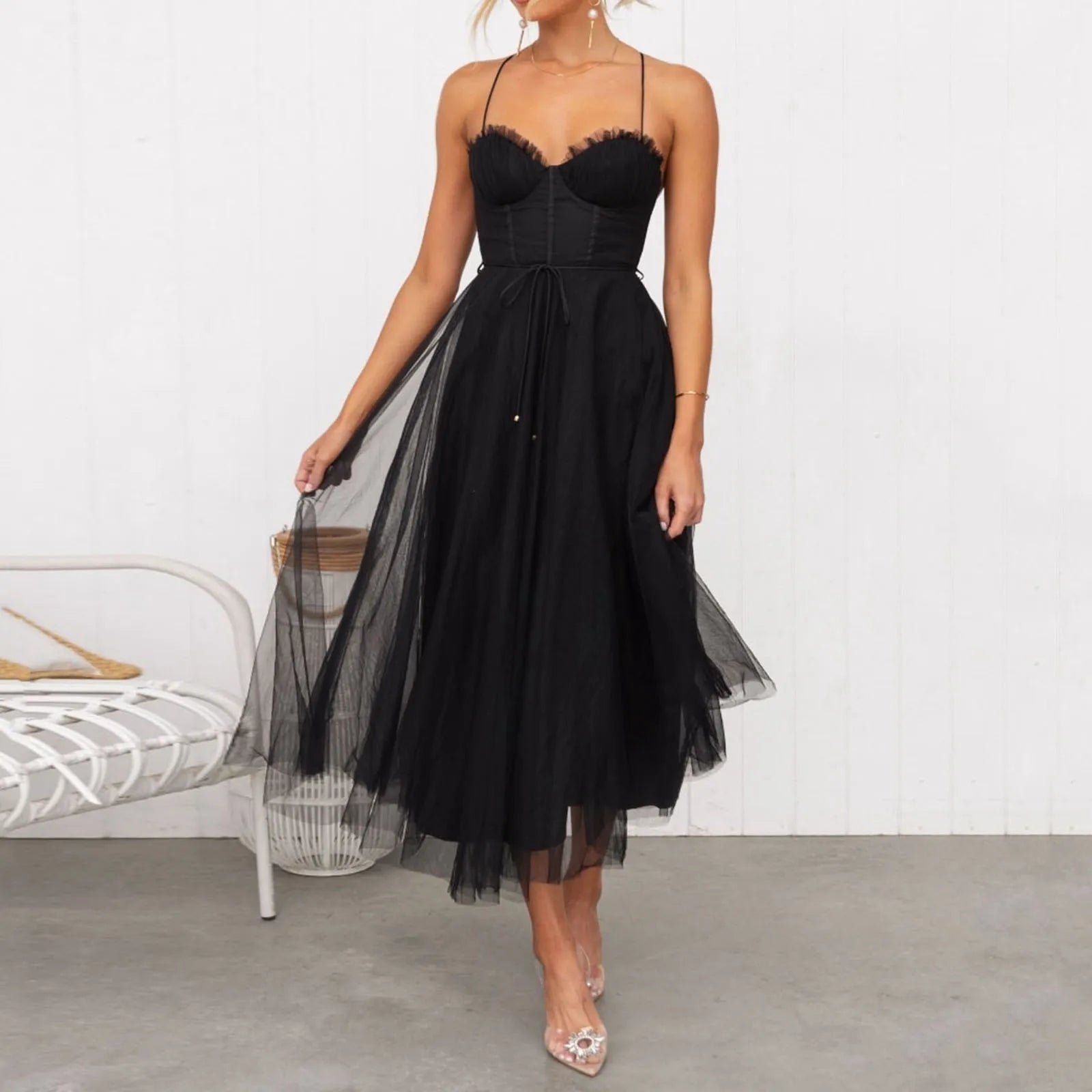 Sexy Spaghetti Strap Mesh Stitching Long Dress Women's Elegant Slim Fit Backless Drawstring Dress Ladies Evening Party Dress
