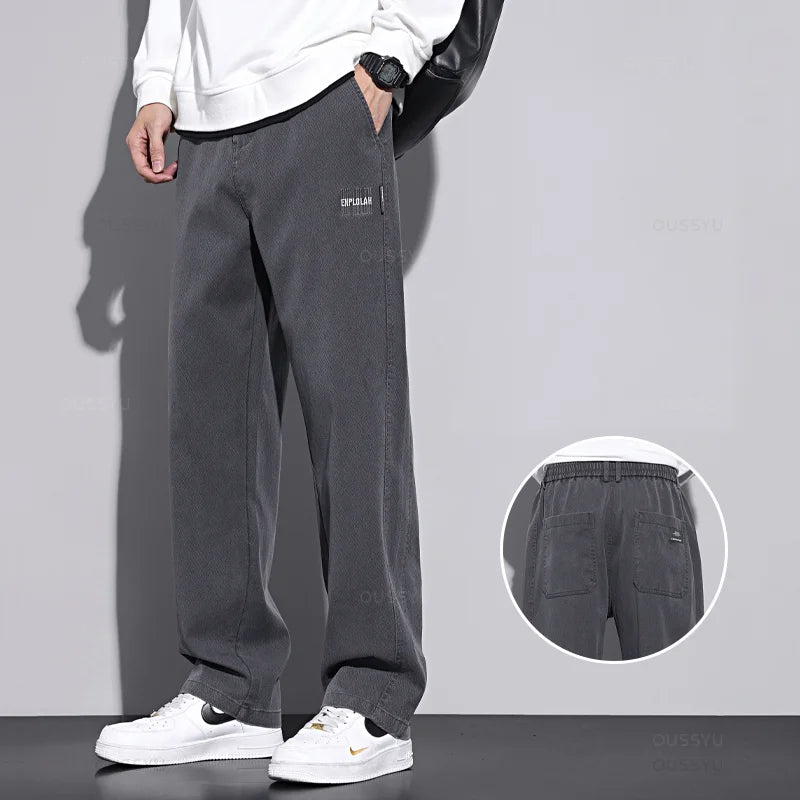 New Upgraded Soft Cosy Lyocell Fabric Men's Pants Autumn Winter Baggy Straight Elastic Waist Thick Casual Wide Trousers Male 5XL