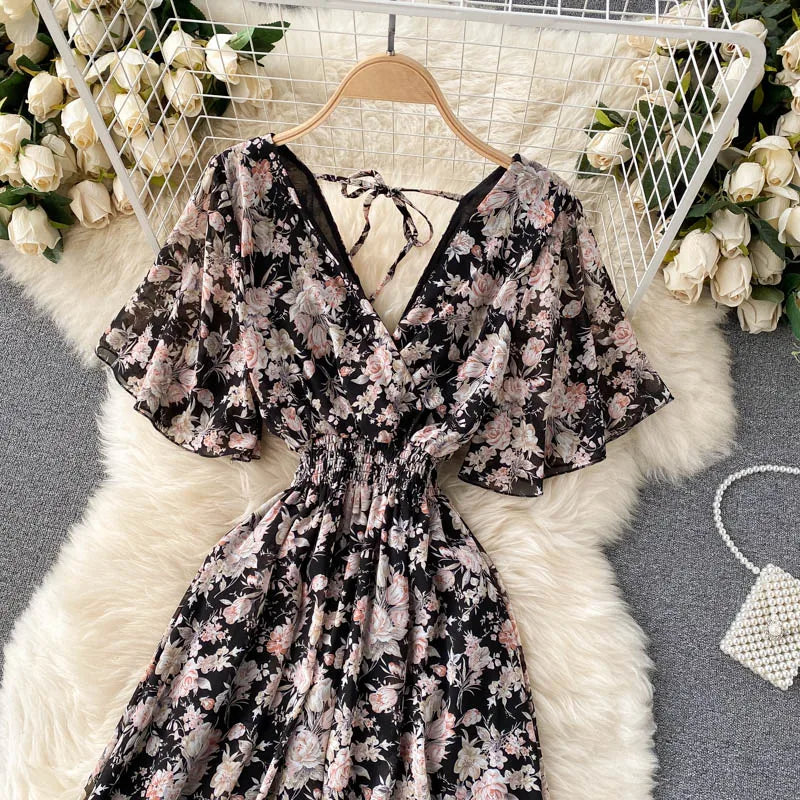 Retro Floral Print Ruffle Chiffon Elegant Midi Dress A-line V Neck Beach Vacation Dress Women Korean Fashion Summer Vestidos