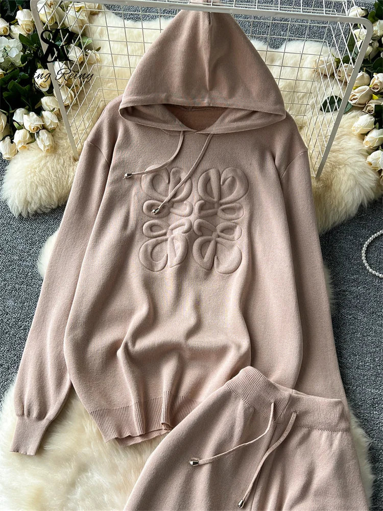 SINGREINY Autumn Hooded Sporty Two Pieces Suits Women Loose Hoodies Pullover+Elastic Wide Legs Long Pants Solid Winter Warm Sets