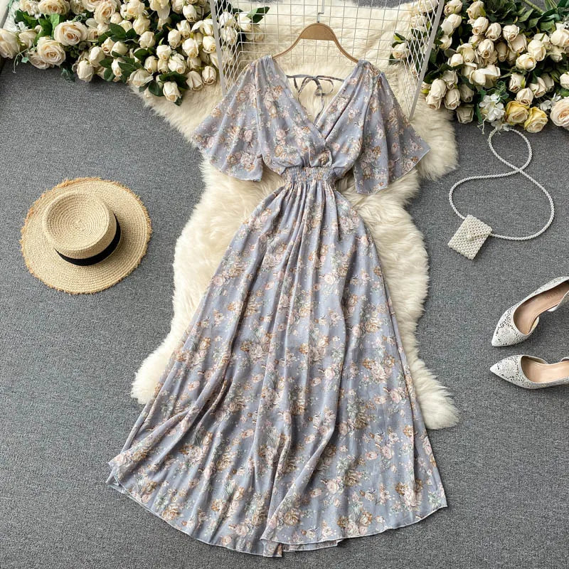 Retro Floral Print Ruffle Chiffon Elegant Midi Dress A-line V Neck Beach Vacation Dress Women Korean Fashion Summer Vestidos
