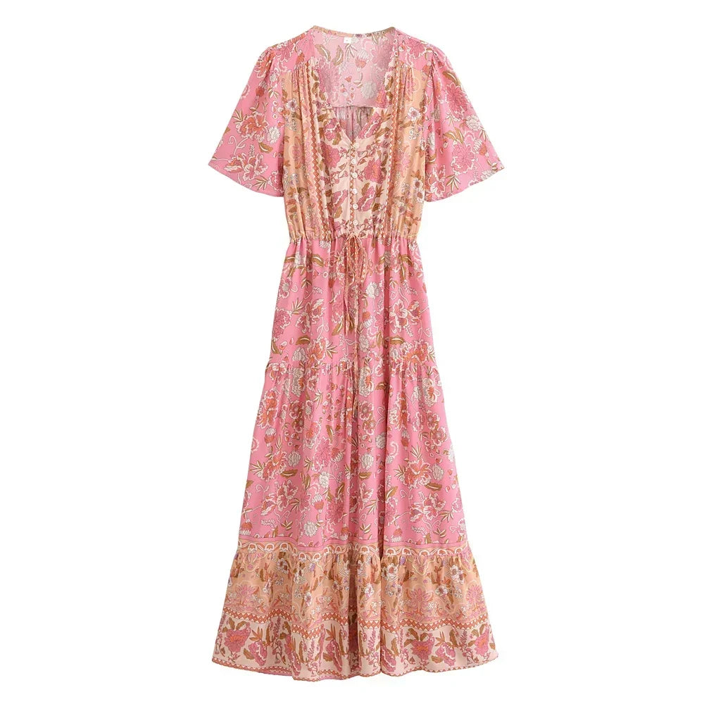 Happie Queens Women Floral Print Tie Neck Beach Bohemian Maxi Dresses Ladies Rayon Cotton Boho Pleated Dress Vestidos