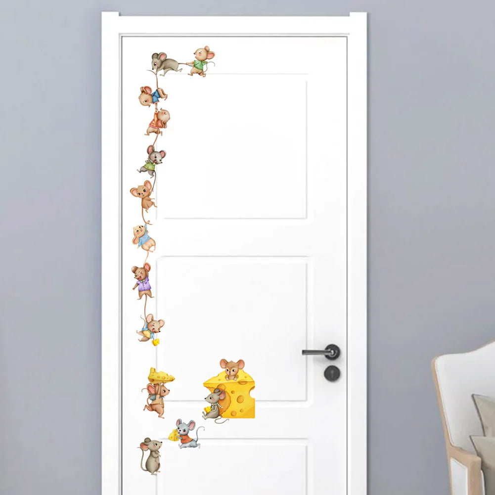 Cartoon Mouse Transport Cheese Wall Sticker Children Room Bedroom Background Home Decoration Wallpaper Self Adhesive Door Decals