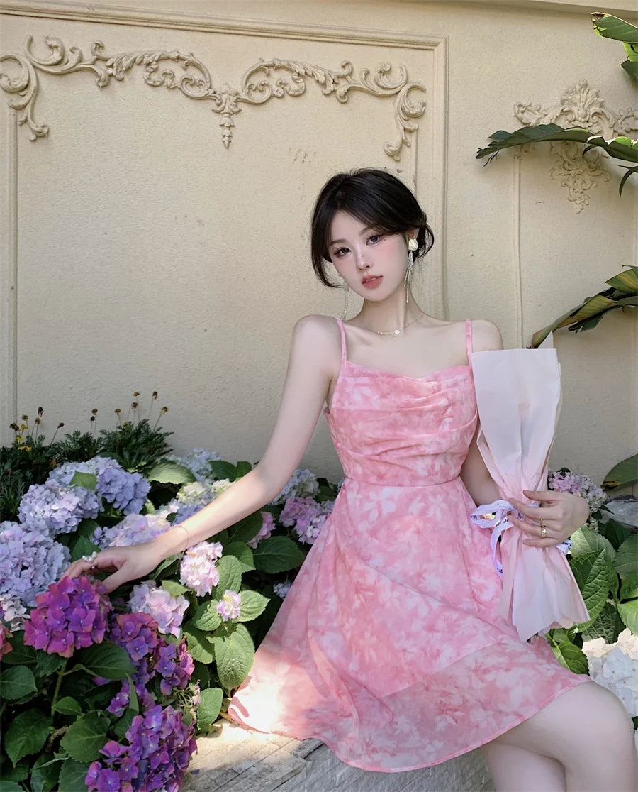 Sexy Backless Floral Stretch Suspender Dress Women's 2022 Waist Thin Section Sun Chiffon Elegant Women's Long Dresses for Party