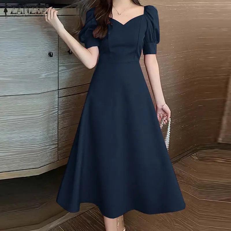 ZANZEA Elegant Waist Party Dresses Vintage Evening Dress Women Puff Short Sleeve A-line Robe 2024 Summer Wedding Midi Vestidos