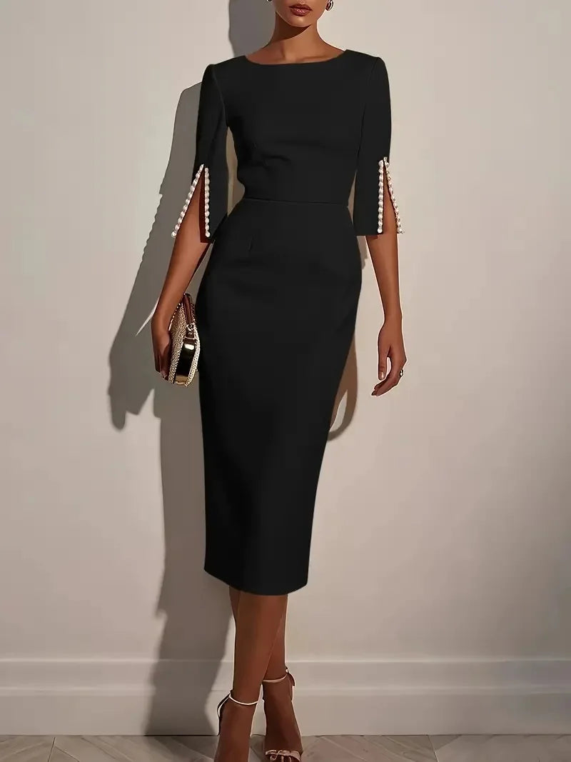 Elegant Round Neck Half Sleeved Beaded Mid Length Dress New Spring Summer Solid Color Commuting Slim Fit Dress Women's Wear