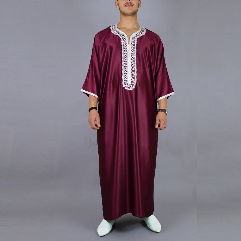 Fashion Islam Men Clothing Moroccan Kaftan Red Embroidered Loose and Breathable Djellaba Abaya Jubba Thobe for Male Muslim Robes