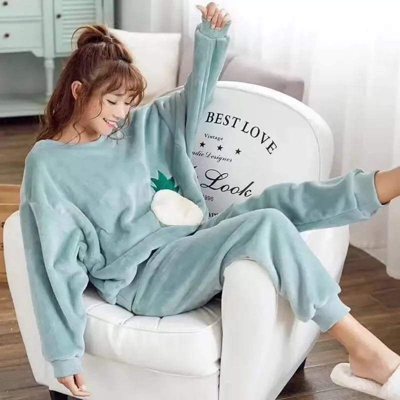 Thickened Warm Flannel Autumn and Winter Pajamas Loungewear Female Cute Cartoon Sleepwear Homewear Coral Velvet Nightwear