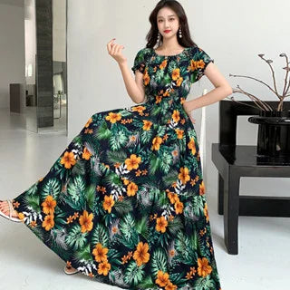THHONE Summer Dress Women Cotton Linen Floral Vintage Oversized Korean Vestido Feminino Print Robe Off-Shoulder Casual Dresses