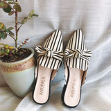 Shoes with Heel Mules Summer 2025 Beige Slides Plaid Bow Women's Slippers and Ladies Sandals Job Natural Skin I New Fashion