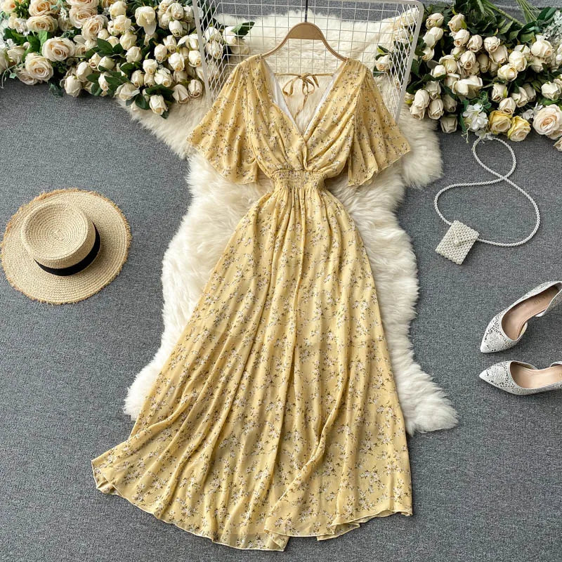 Retro Floral Print Ruffle Chiffon Elegant Midi Dress A-line V Neck Beach Vacation Dress Women Korean Fashion Summer Vestidos