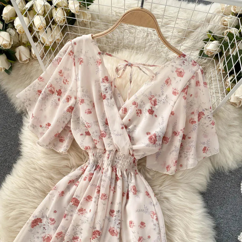 Retro Floral Print Ruffle Chiffon Elegant Midi Dress A-line V Neck Beach Vacation Dress Women Korean Fashion Summer Vestidos