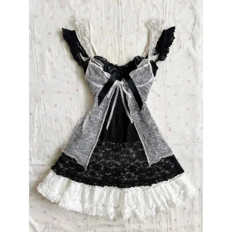 Woman Sweet Kawaii Y2k Min Dress Lolita Cute Sleeveless Floral Dress Spicy Girls Lace Up Ruffle Slim Fit Dresses Design Chic