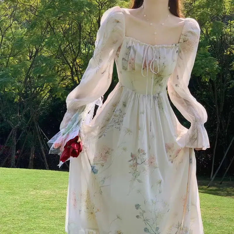 Jielur New Fashion Women Long Sleeved Chiffon Dresses Vintage Sweet Lace Up Women's Square Neck Long Bubble Sleeve A-line Dress