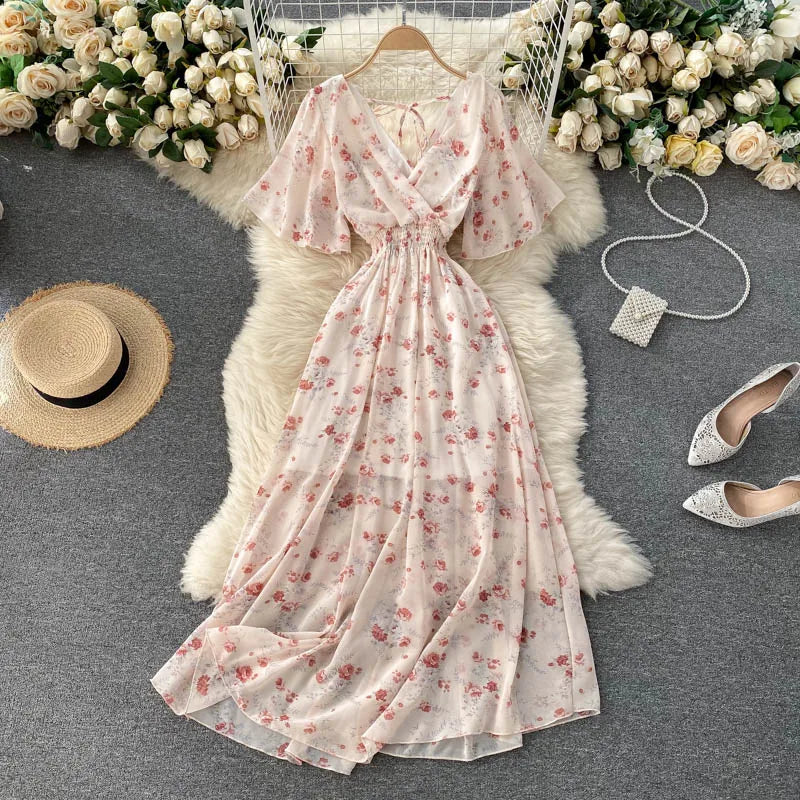 Retro Floral Print Ruffle Chiffon Elegant Midi Dress A-line V Neck Beach Vacation Dress Women Korean Fashion Summer Vestidos