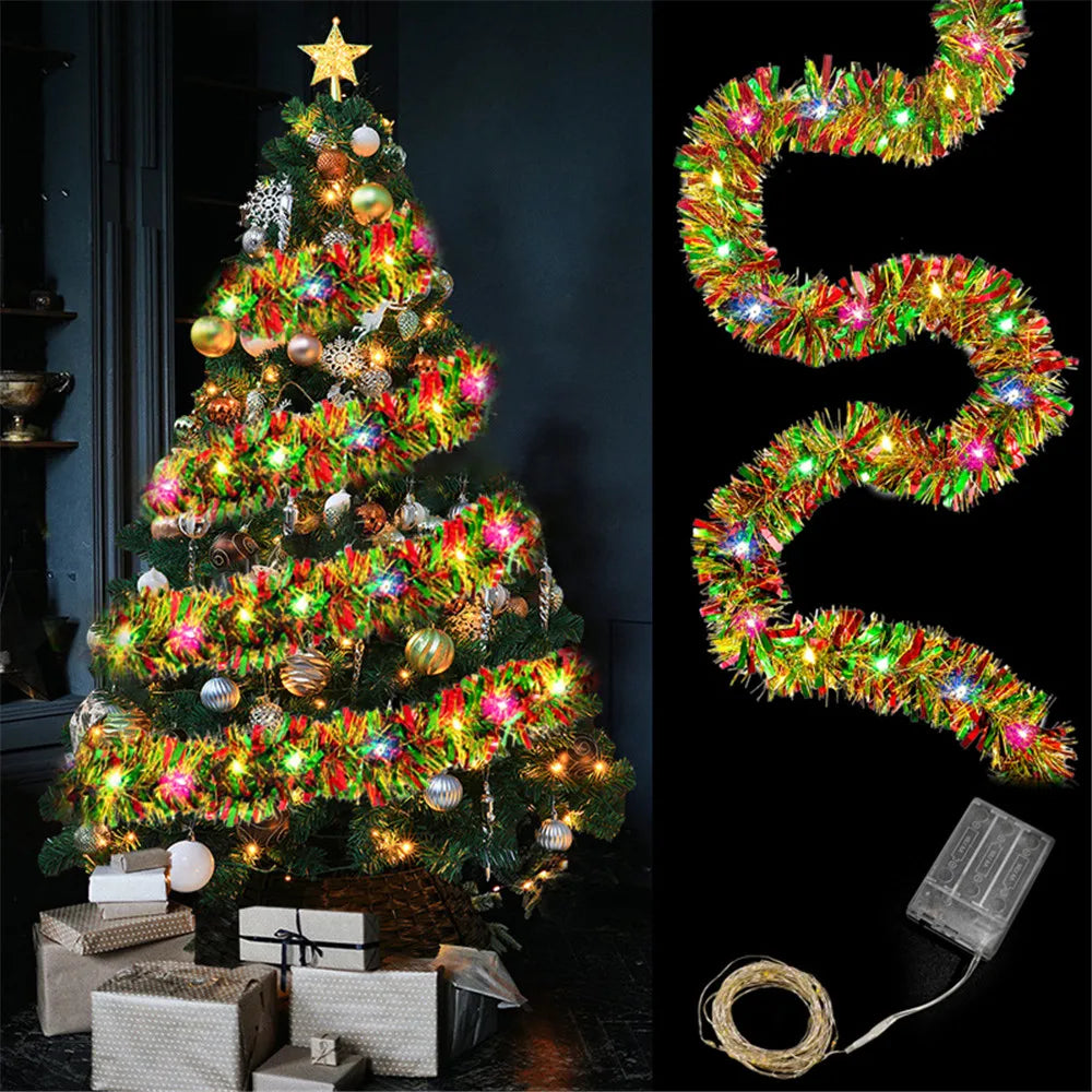 New year 2025 Christmas Garland - 16 Ft Metallic Shiny Tinsel with LED Lights for Tree Decoration - Indoor Outdoor Xmas Party