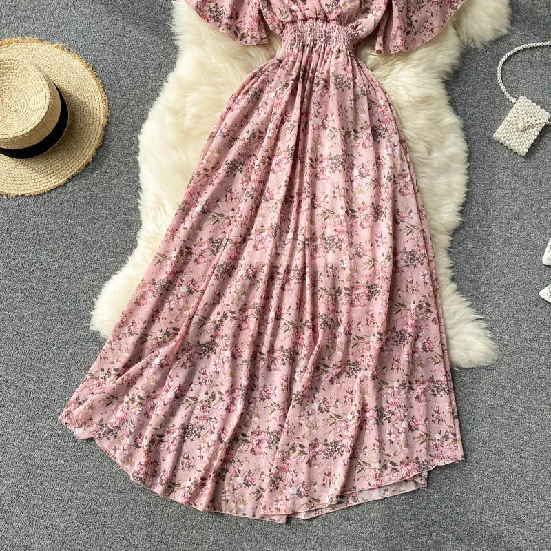 Retro Floral Print Ruffle Chiffon Elegant Midi Dress A-line V Neck Beach Vacation Dress Women Korean Fashion Summer Vestidos