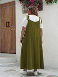 GIBSIE Plus Size Solid Tie Shoulder Overalls Dress For Women 2024 Summer Casual Loose Sleeveless Maxi Long Dresses with Pockets