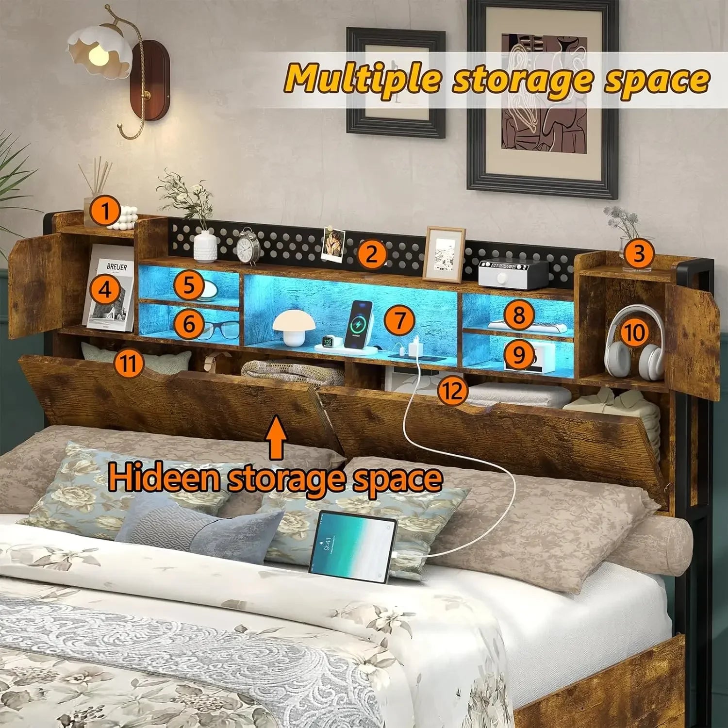 King Size Bed Frame with Charging Station 4 Storage Drawers RGB LED Lights 3 Tier & 2 Cabinets Storage Headboard with Hidden