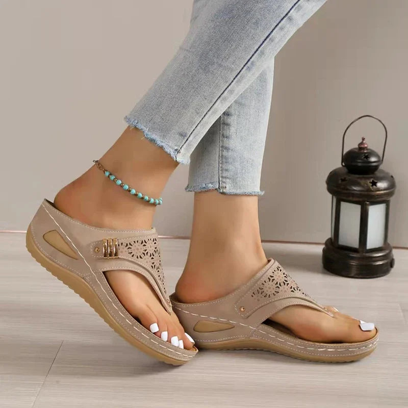 Summer Women's Wedge Sandals 2023 Clip Toe Orthopedic Arch Support Sandals Woman Pu Leather Non-Slip Soft Platform Flip Flops