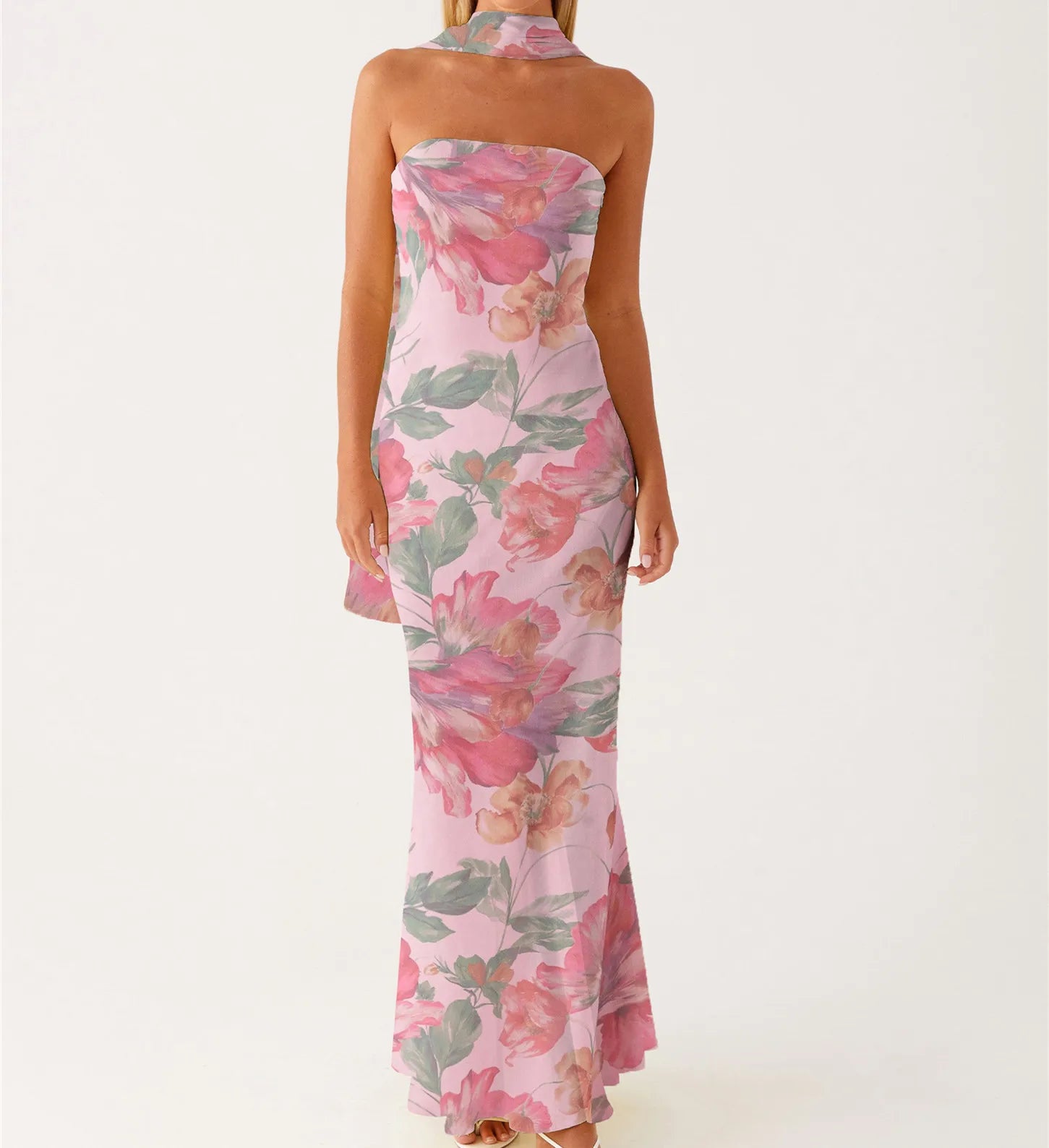 hirigin Womens Floral Strapless Dress Y2k Backless Sleeveless Tube Long Dresses Sexy Mesh Bodycon Summer Beach Party Sundress