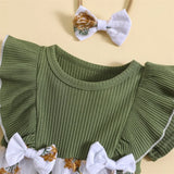 Infant Newborn Baby Girl Romper Dress Flower Embroidery Knit Rib Ruffles Crew Neck Jumpsuit Summer Bodysuit Bow Headband