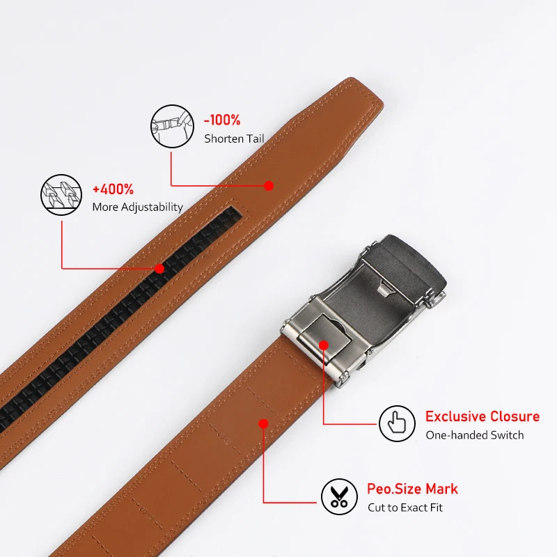 Genuine Leather Ratchet Belt for Men - Adjustable Automatic Buckle,Casual Business Style, High-Quality Leather Panel