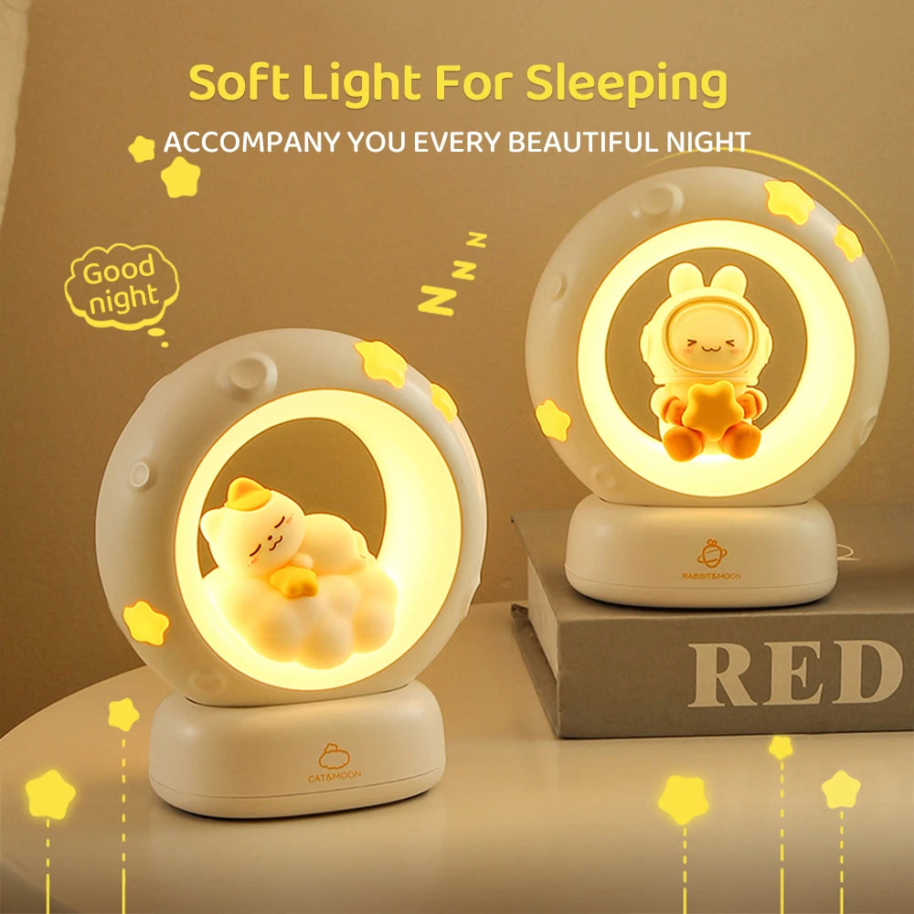 3 Style Moon Night Light Cute Animal Cartoon Rabbit Panda Cat Lamps Pat Control USB Rechargeable Warm Bedroom Decoration Soft