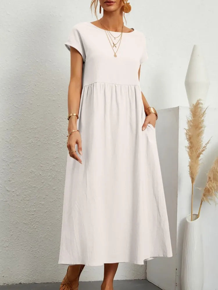 Women's Casual White Short Sleeve Midi Dress Summer Round Neck Cotton And Linen Vintage Loose Long Dresses With Pockets Y2K