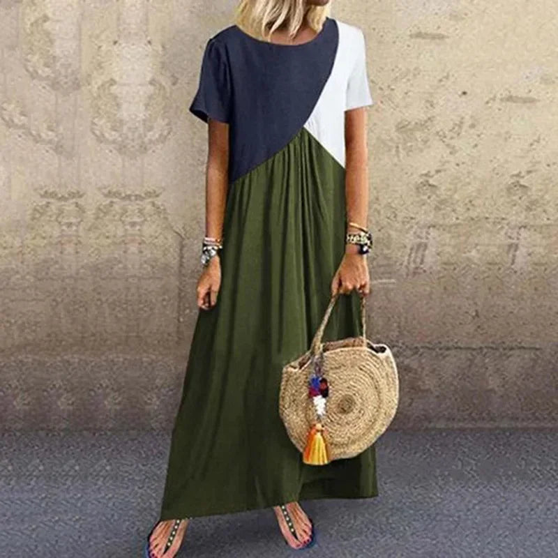 Women Bohemian Geometric Stitching Patchwork Contrast Short-sleeve Boho Dress Casual Long Maxi Beach Dresses Large Size