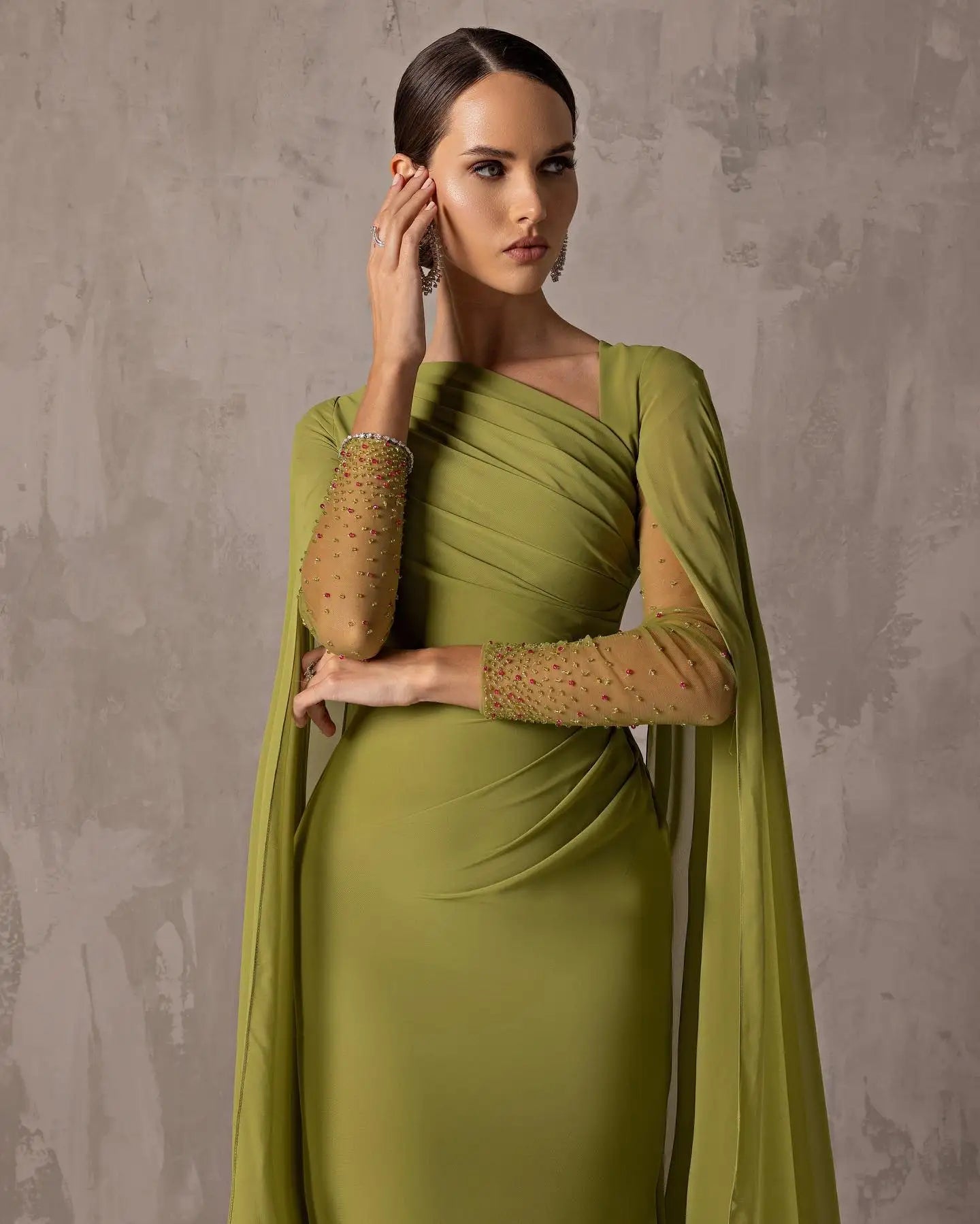 Sharon Said Custom Made Elegant Asymmetrical Sage Green Chiffon Arabic Evening Dress with Cape Sleeves For Women Wedding SF051