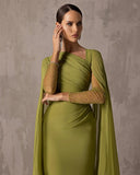 Sharon Said Custom Made Elegant Asymmetrical Sage Green Chiffon Arabic Evening Dress with Cape Sleeves For Women Wedding SF051