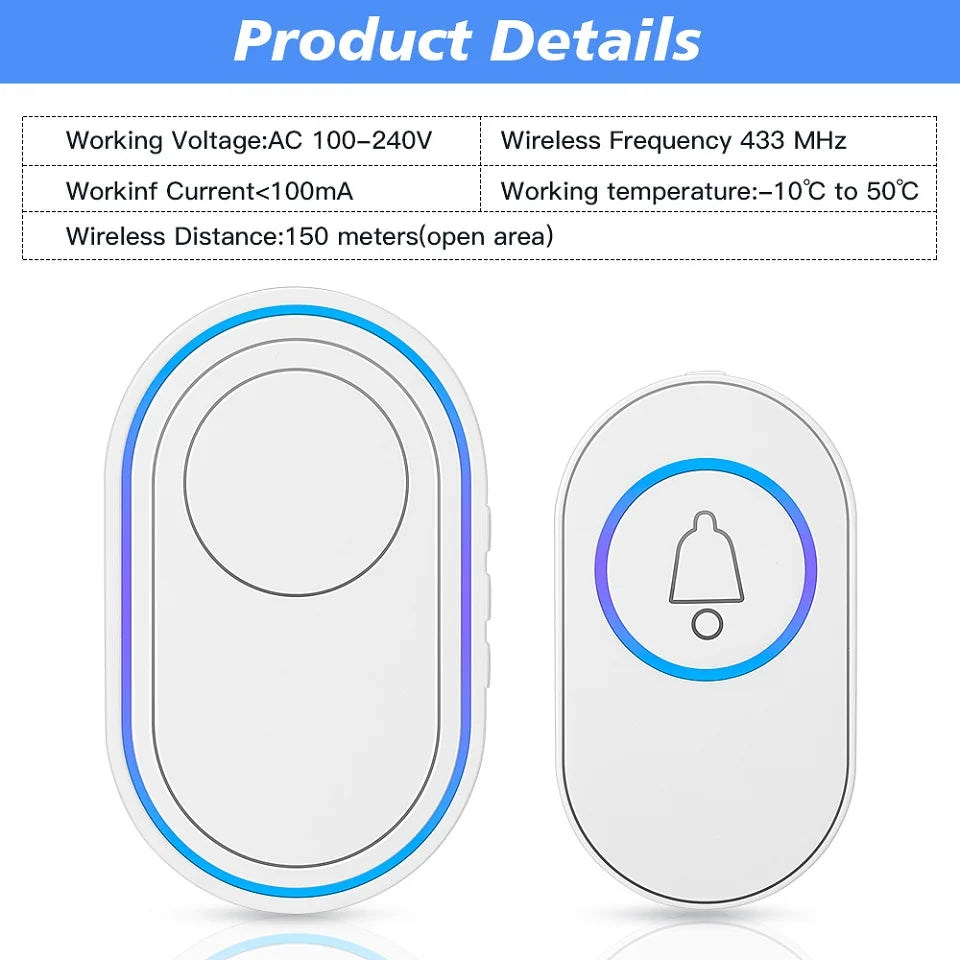 Wsdcam Wireless Doorbell Smart 39 Musics Door Bell Chime Kit LED Flash House Welcome Bell IP65 Waterproof Security Doorbell