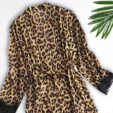 Leopard Print Lace Long Robe Satin Silk Pajamas Women Nightdress Lingerie Robes Underwear Sleepwear Sexy