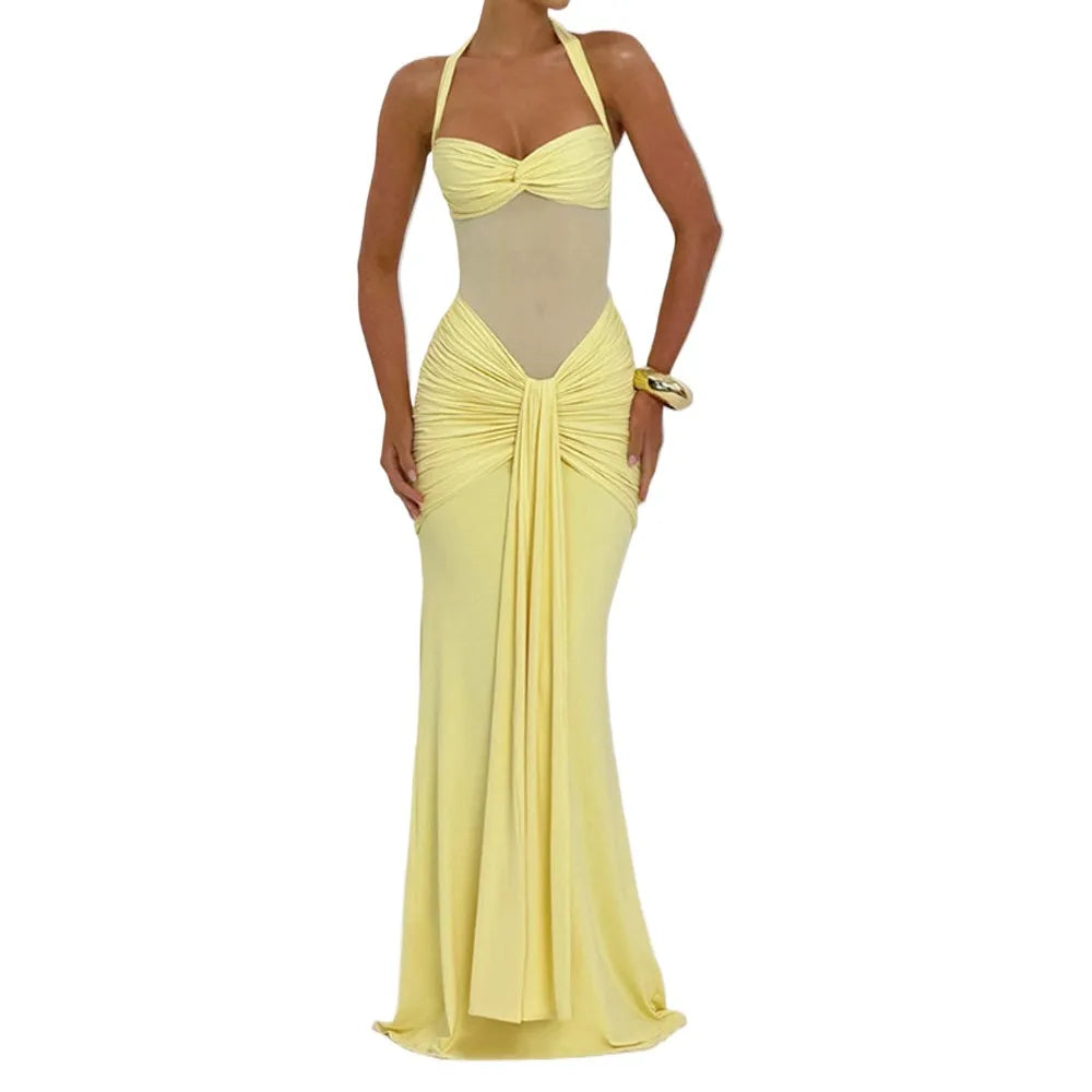 Women Evening Party Long Maxi Dress Elegant Mesh Patchwork Backless Slim Pleated Ribbon Tulip Vestidos OUFY-EYS250732
