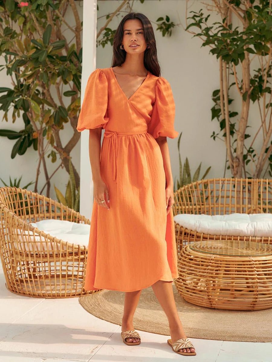 Bornladies 100% Cotton V-neck Waist Cinched Dress Unique Lantern Sleeve Sexy Slit Long Skirt Fashionable Women's Casual Dresses