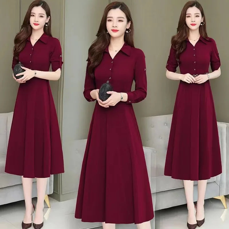Medium-Length Polo Collar Dress Women's Spring New Style Korean Fit Waist-Gathered Elegant Wide Lady Plus Size Long Sleeve Simpl