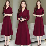 Medium-Length Polo Collar Dress Women's Spring New Style Korean Fit Waist-Gathered Elegant Wide Lady Plus Size Long Sleeve Simpl