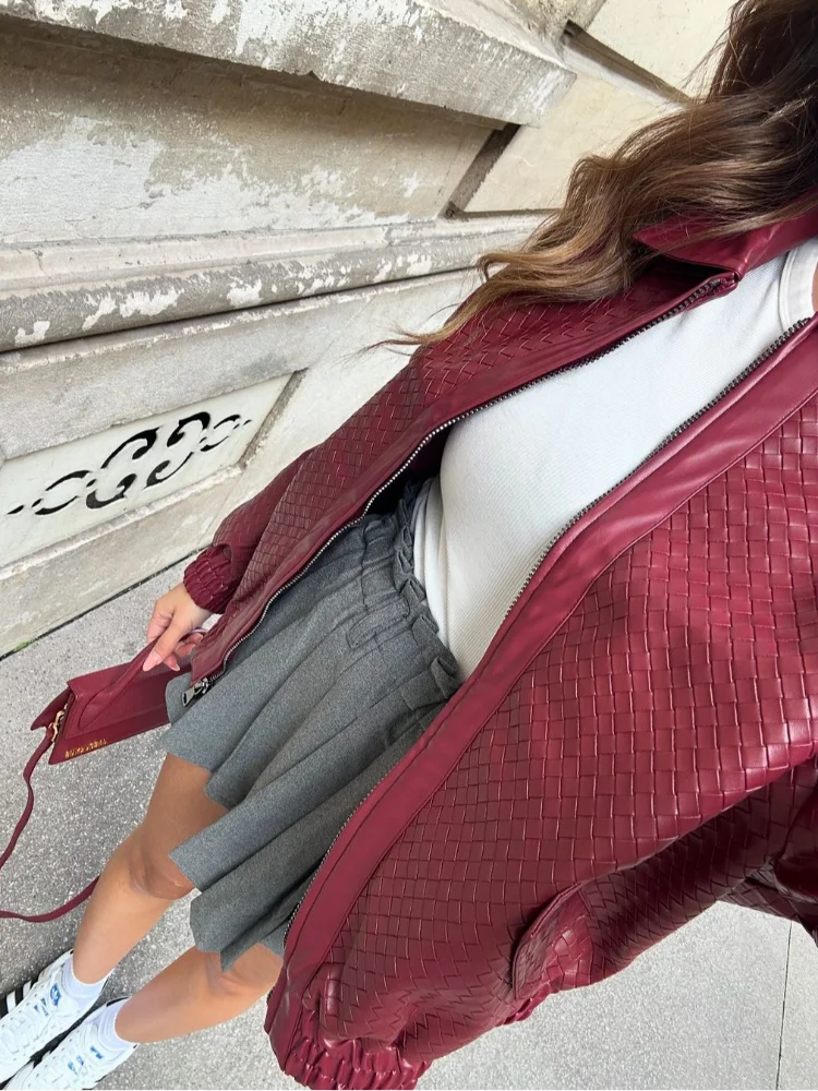 Chic Burgundy Zipper Braid Leather Jacket For Women Fashion Lapel Long Sleeve Elastic Bomber Coat Autumn Female Loose Streetwear