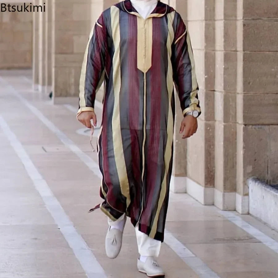 New 2024 Islamic Clothing Men Robe Kaftan Muslim Man Moroccan Casual Long Dress Arabic Striped Robe Middle East National Costume