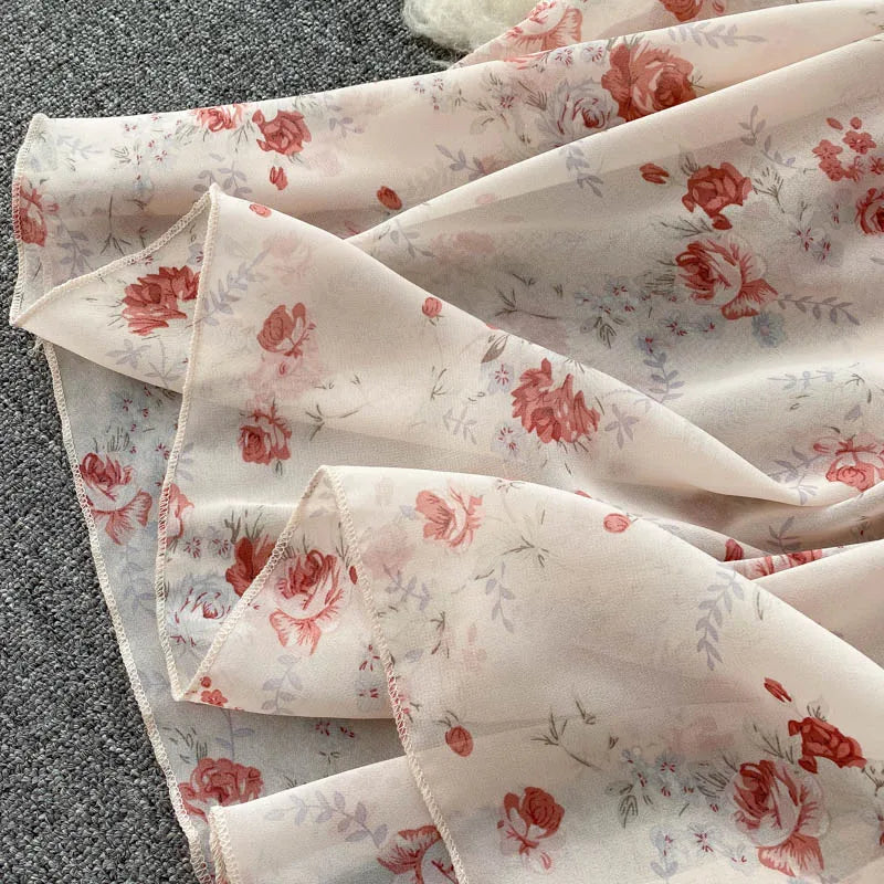 Retro Floral Print Ruffle Chiffon Elegant Midi Dress A-line V Neck Beach Vacation Dress Women Korean Fashion Summer Vestidos