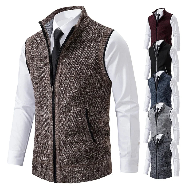 Vest Men Knitted Sleeveless Sweater Jacket Wool Velvet Zipper Cardigan Turn-down Pullovers Turtleneck Sweatercoat Knit Waistcoat