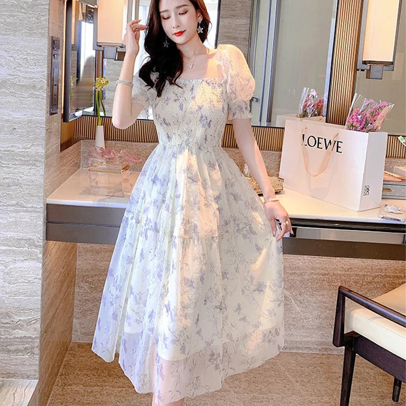 2026 Summer White Chiffon Long Dress Casual Floral Party Dress Elegant Short Sleeve Fairy Dresses for Women Sweet Beach Clothing