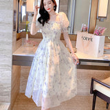 2026 Summer White Chiffon Long Dress Casual Floral Party Dress Elegant Short Sleeve Fairy Dresses for Women Sweet Beach Clothing