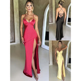 Summer New Fashion Dress Women's Sexy V-Neck Suspender Slit Mid-Length Evening Dress Elegant Party Club Satin Slim Fit