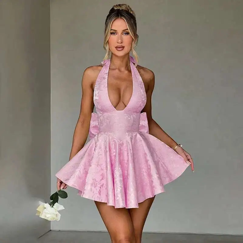 Townlike Jacquard Bow Waist Wrap A-line Dress Women Halter Mini 2025 Spring Summer Dress Nightclub Sexy Party Dresses